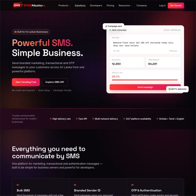 SMSMaster.lk — Bulk SMS SaaS platform designed and developed by ZyntaX Online